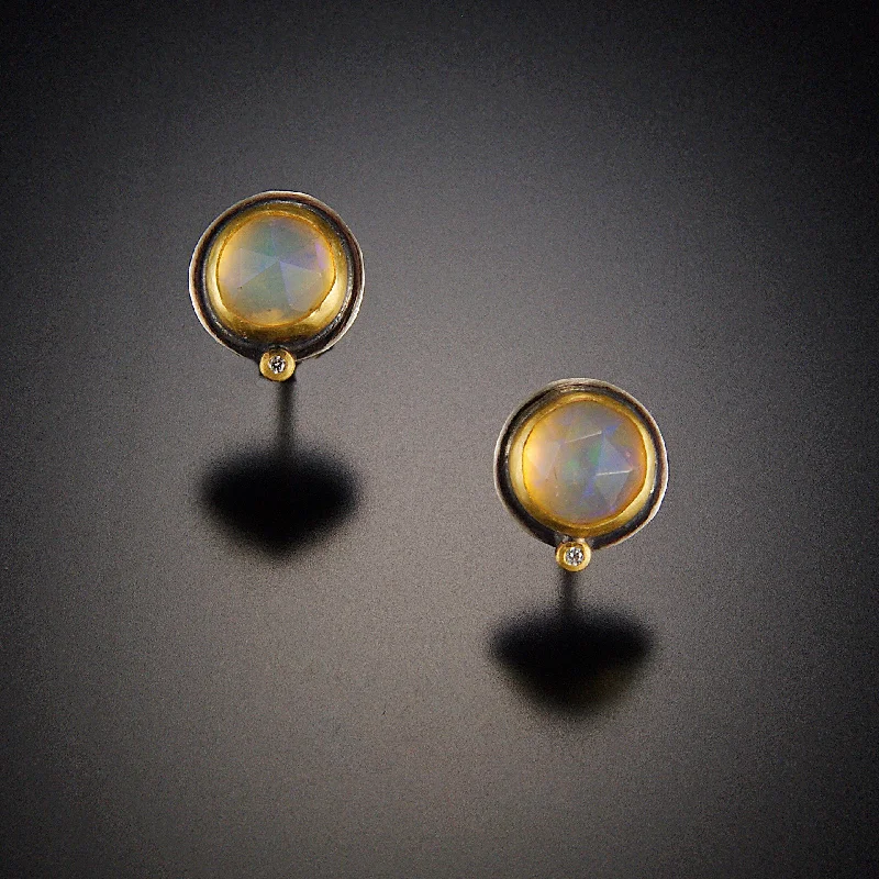 Textured Gold Earrings-Opal Stud Earrings with Diamond Dot