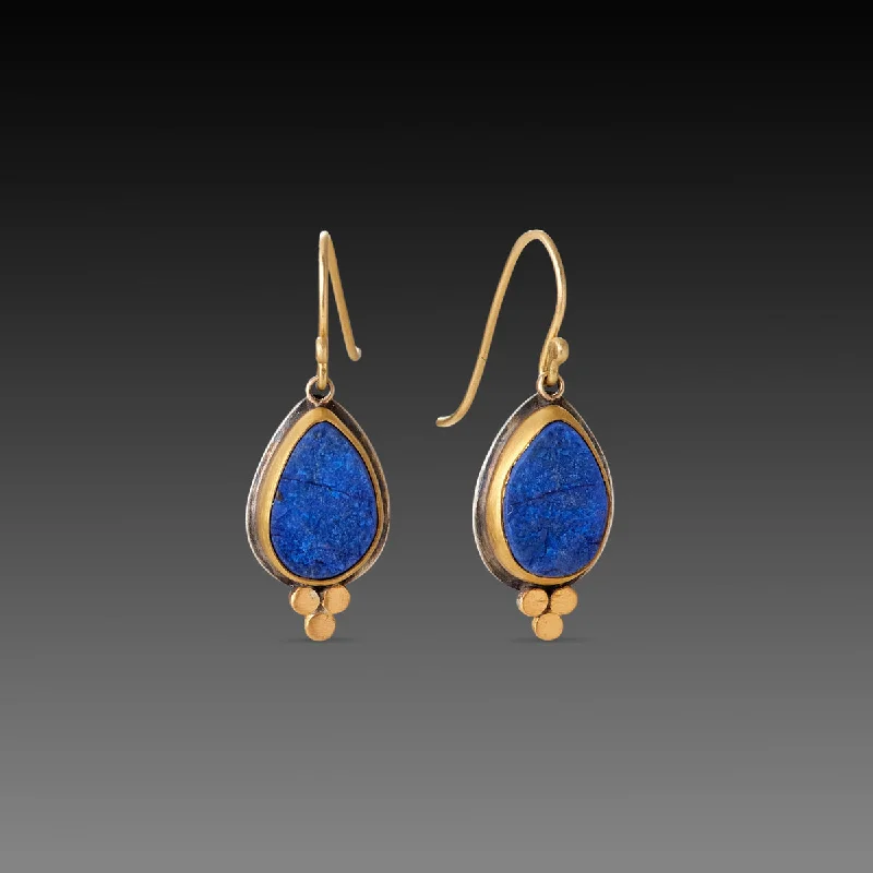 Fancy Drop Earrings-Lapis Teardrop Earrings with Gold Trios