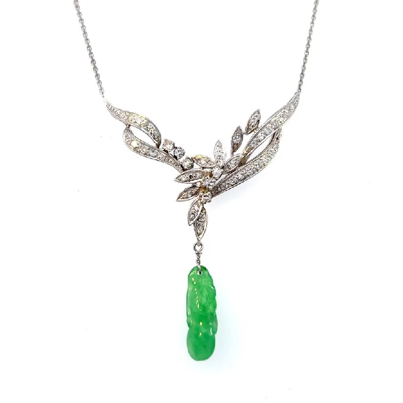 Silver Leaf Necklace-Estate 14K White Gold Carved Jadeite & Diamond Drop Necklace