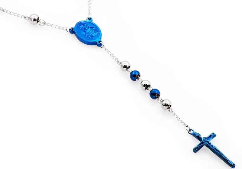 Custom Charm Pendant Necklace-Men's Blue Stainless Steel Rosary Necklace