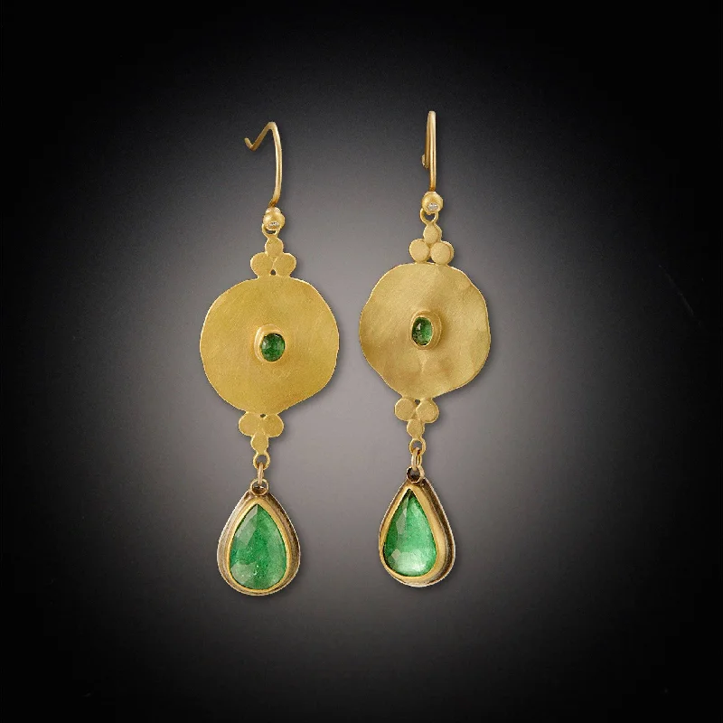 Gold and Pearl Earrings-Filigree Disk Earrings with Rose Cut Emeralds