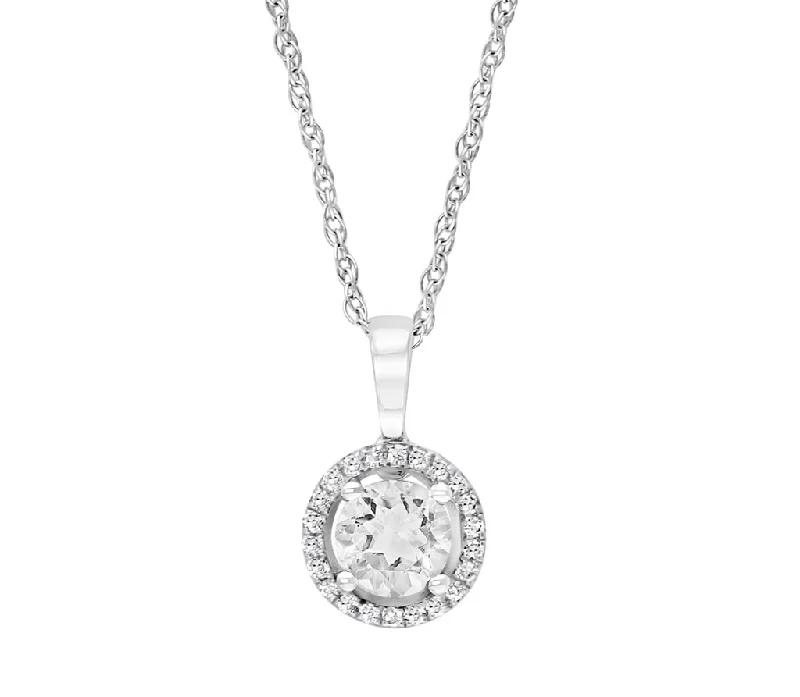 Multi-Layer Necklace for Women-14K White Gold 0.80ctw White Topaz & Diamond Halo Necklace