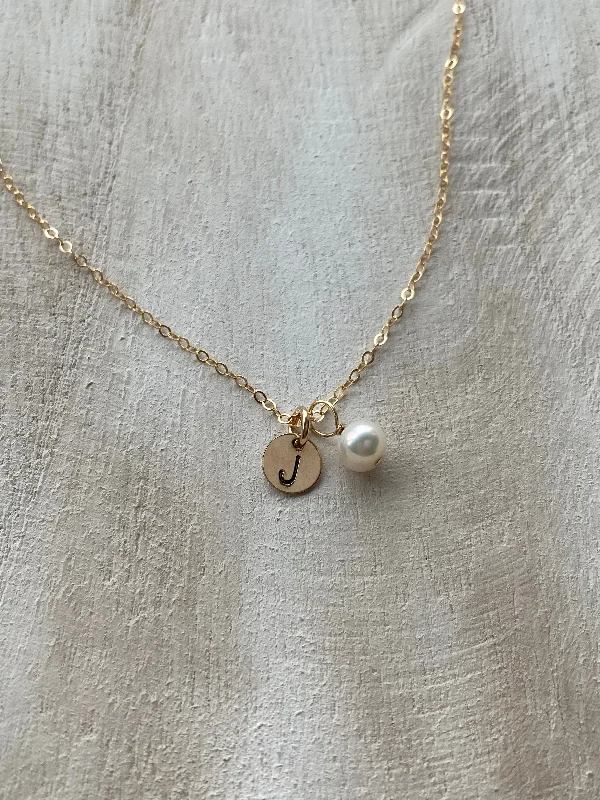 Beaded Gold Pendant Necklace-GRACE | MINI INITIAL DISC AND PEARL NECKLACE