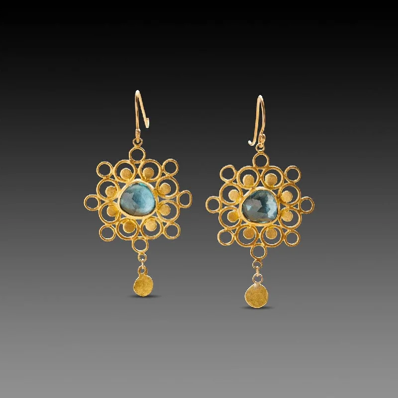 Heart Shaped Drop Earrings-Open Mandala and Topaz Earrings