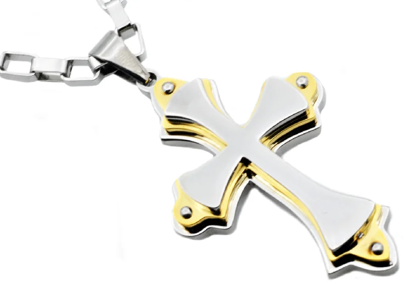 Gold Rope Chain Necklace-Mens Stainless Steel Large Cross Pendant Necklace With Gold Edges