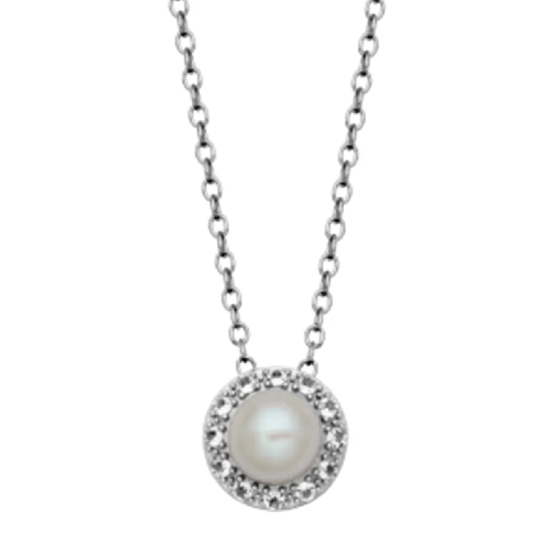 Wedding Pendant Necklace-Sterling Silver Pearl & White Topaz Halo Necklace by Samuel B.