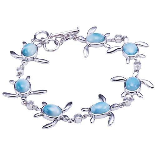 Dainty Birthstone Bracelet-Sterling Silver Larimar Inlay Sea Turtle Bracelet