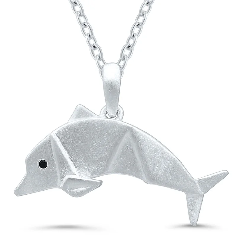 Silver Choker Necklace-Sterling Silver Black Diamond Origami Dolphin Necklace