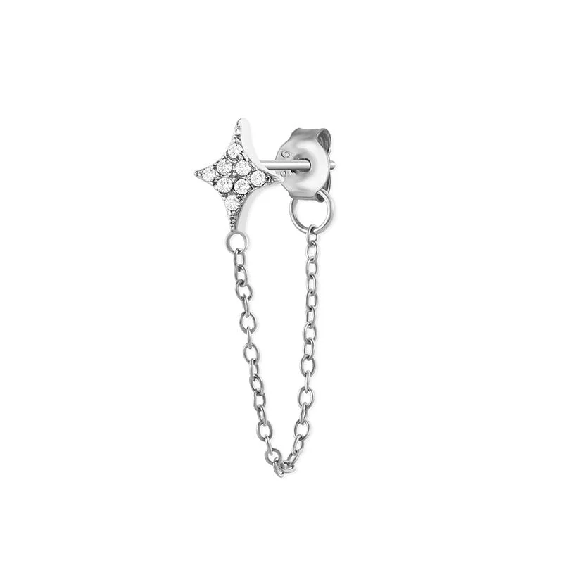 Diamond Embedded Star Hanging Earrings-White Gold Color