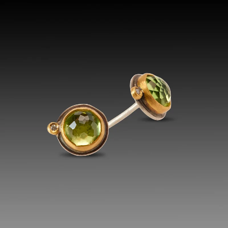 Silver Bead Earrings-Peridot Stud Earrings with Diamonds