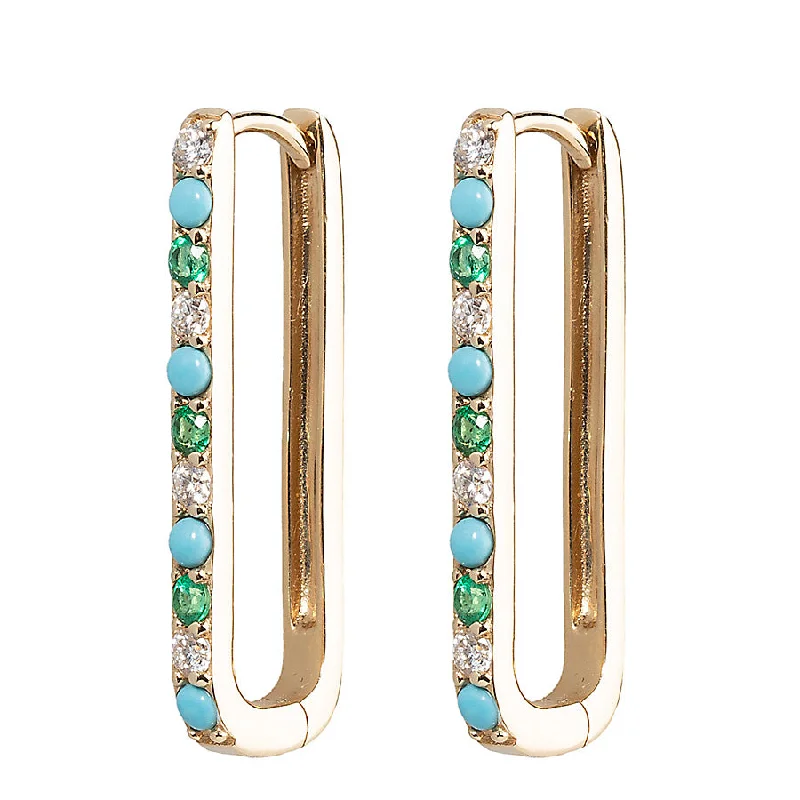 Silver Earrings for Weddings-Diamond Turquoise & Emerald Large Paperclip Hoop Earring