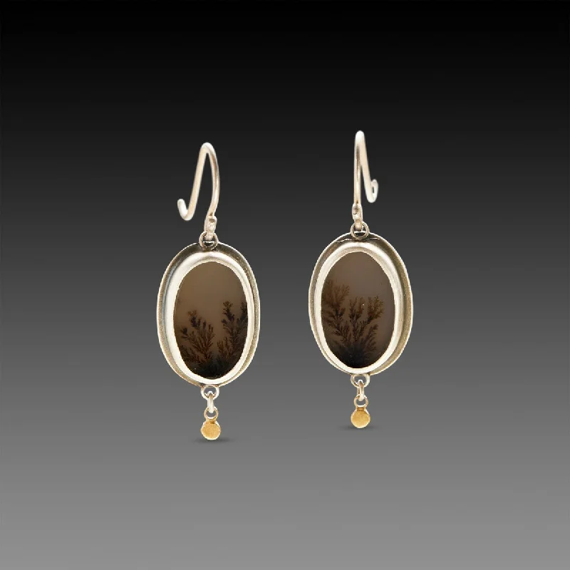 Geometric Dangle Earrings-Dendritic Agate Earrings with Gold Dots