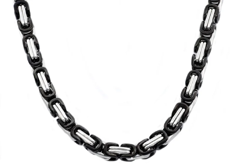 Long Silver Necklace-Mens Black Stainless Steel Byzantine Link Chain Necklace