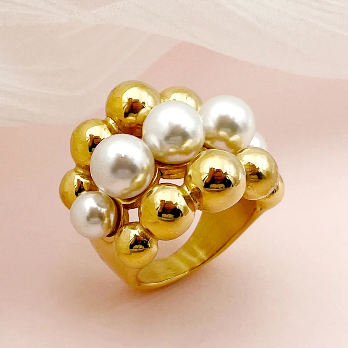 Handmade Gold Ring-Vintage Style Simple Style Round Stainless Steel Plating Hollow Out Inlay Artificial Pearls Gold Plated Rings