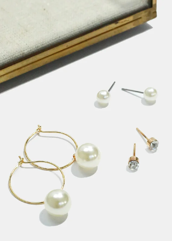 Statement Gold Earrings-3 Pair Stud and Pearl Hoop Earrings