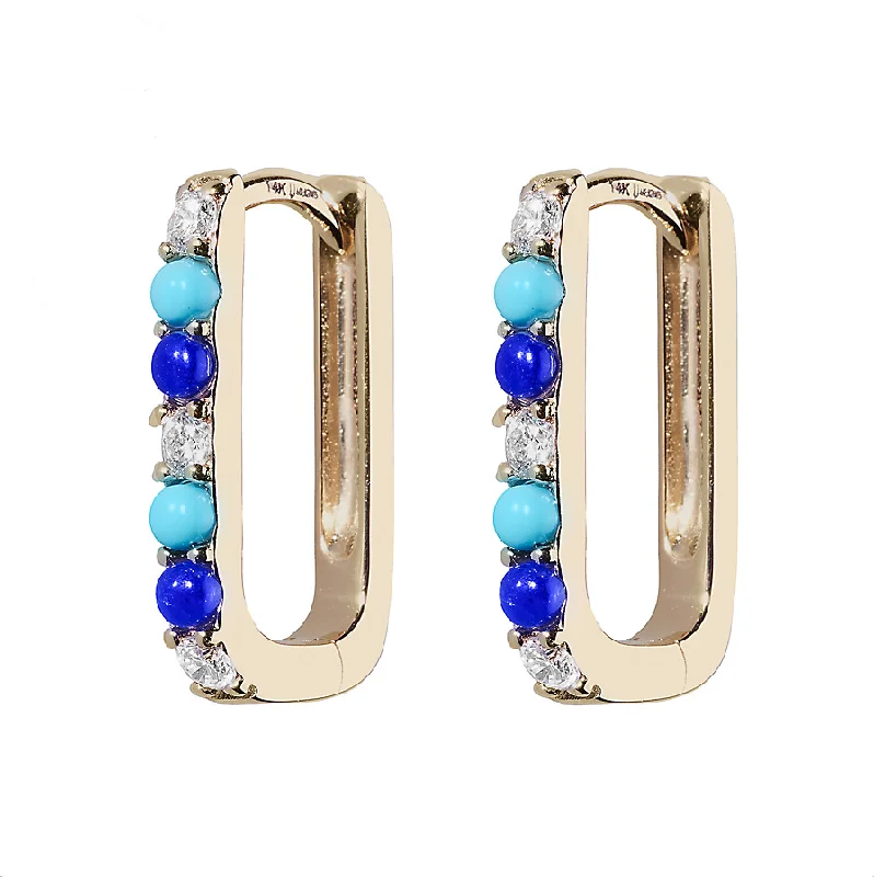 Statement Silver Earrings-Diamond, Lapis & Turquoise Small Paperclip Hoop Earring