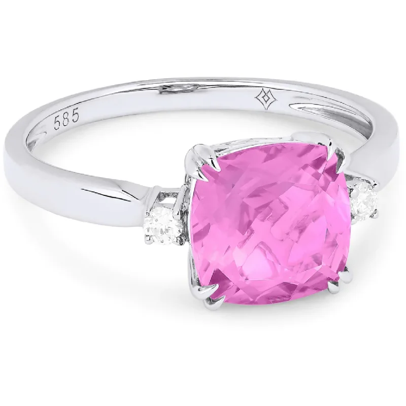 Men’s Silver Ring-14K White Gold Cushion Created Pink Sapphire Diamond Accent Ring