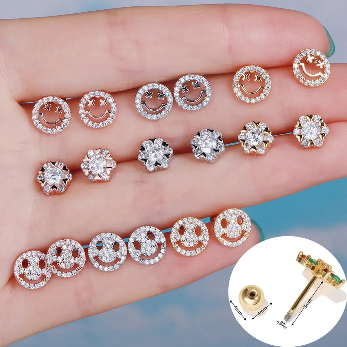 Artistic Silver Ring-Smiley Face Ear Bone Stud Micro Inlaid Zircon 20g Stainless Steel Rod Piercing Twist Ball Earring