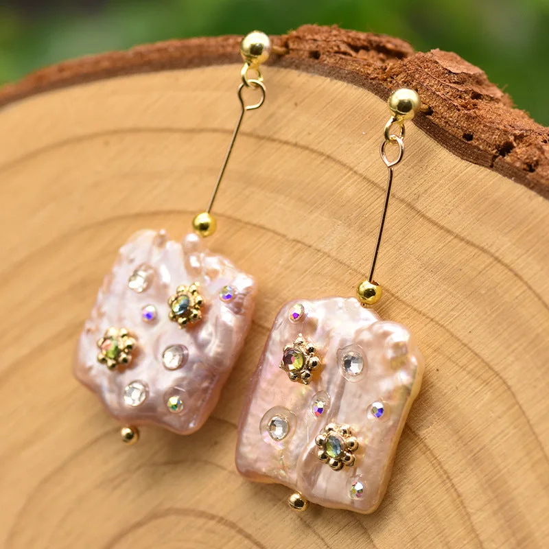 Pink Square Pearl Earrings