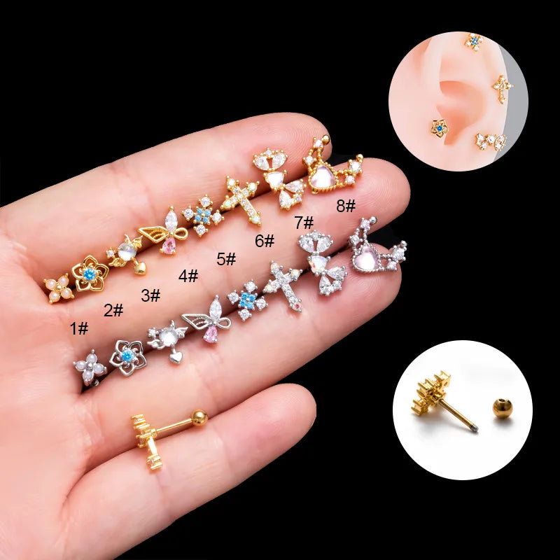 1 Piece French Style Simple Style Pentagram Flower Bow Knot Plating Inlay Copper Zircon Cartilage Earrings