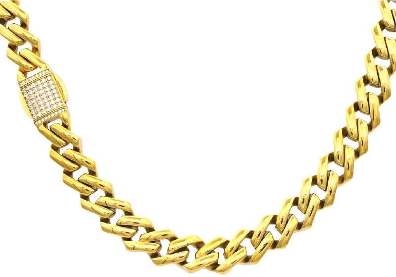 Adjustable Choker Necklace-Mens 14mm Gold Plated Stainless Steel Closed Link Curb Chain Necklace With Cubic Zirconia Embedded Box Clasp