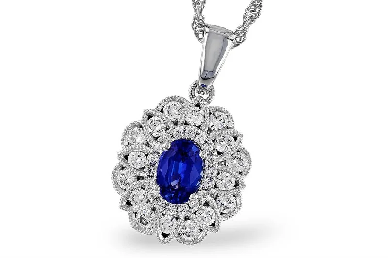 Layered Gemstone Necklace-14K White Gold 1.12ctw Oval Blue Sapphire & Diamond Halo Necklace by Allison Kaufman