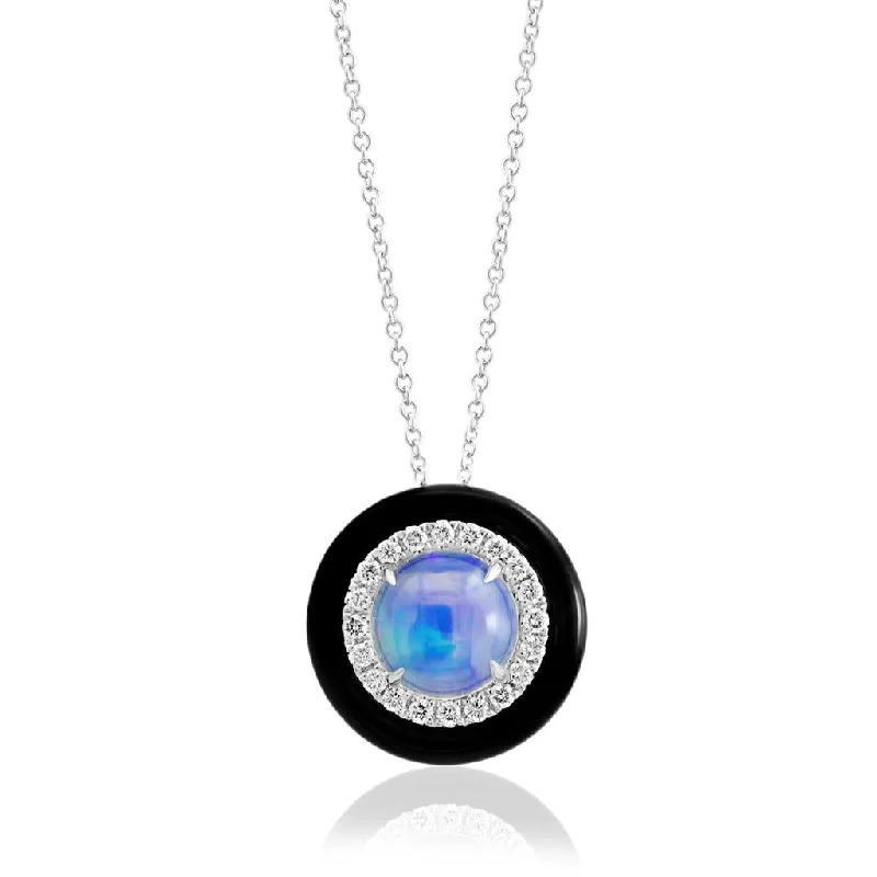 Modern Silver Necklace-14K White Gold 1.24ctw Opal, Diamond, & Black Enamel Necklace