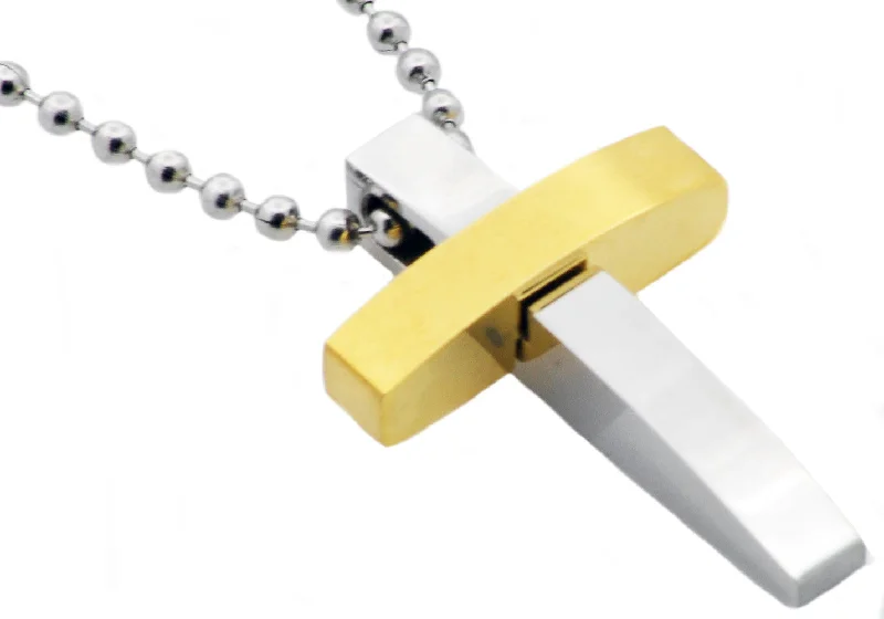 Layered Gold Necklace-Mens Two Tone Gold Stainless Steel Cross Pendant Necklace With 24" Bead Chain