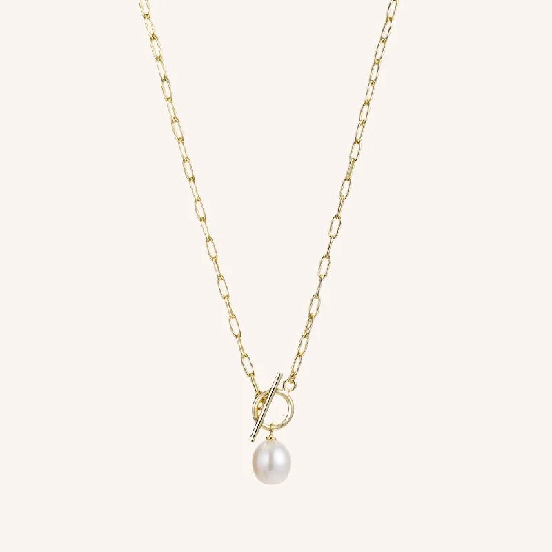 Rose Gold Pendant Necklace-Toggle Clasp Pearl Staple Chain Necklace