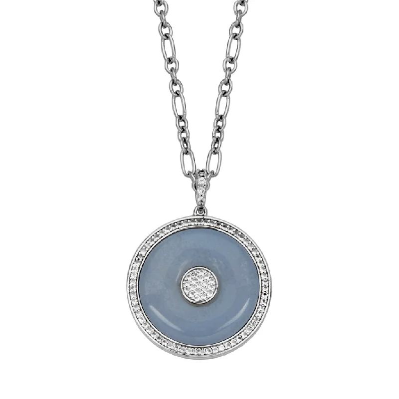 Handcrafted Gold Necklace-Sterling Silver Blue Lace Agate and White Topaz Medallion Drop Necklace by Samuel B.