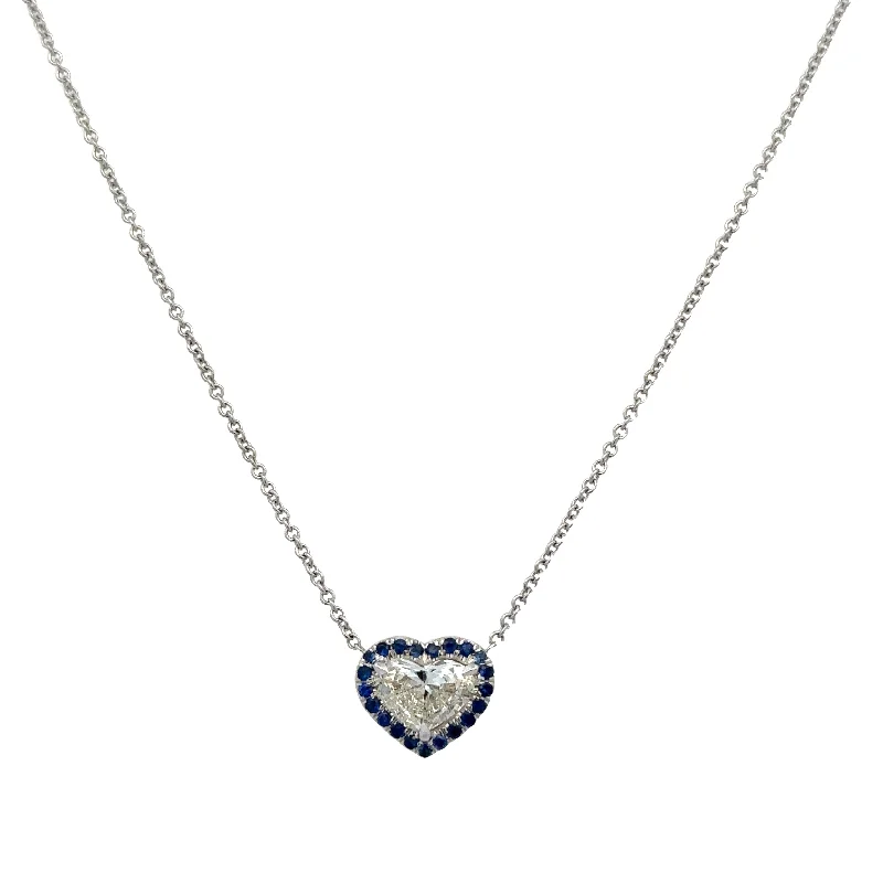 Handcrafted Gold Necklace-Diamond Heart and Sapphire Necklace in 18k White Gold