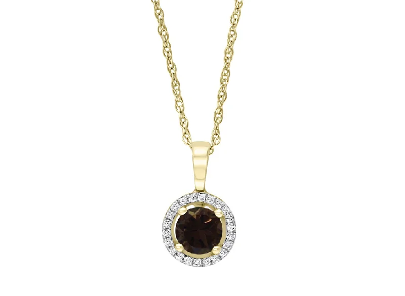 Dainty Silver Necklace-14K Yellow Gold 0.52ctw Round Smoky Quartz & Diamond Halo Necklace