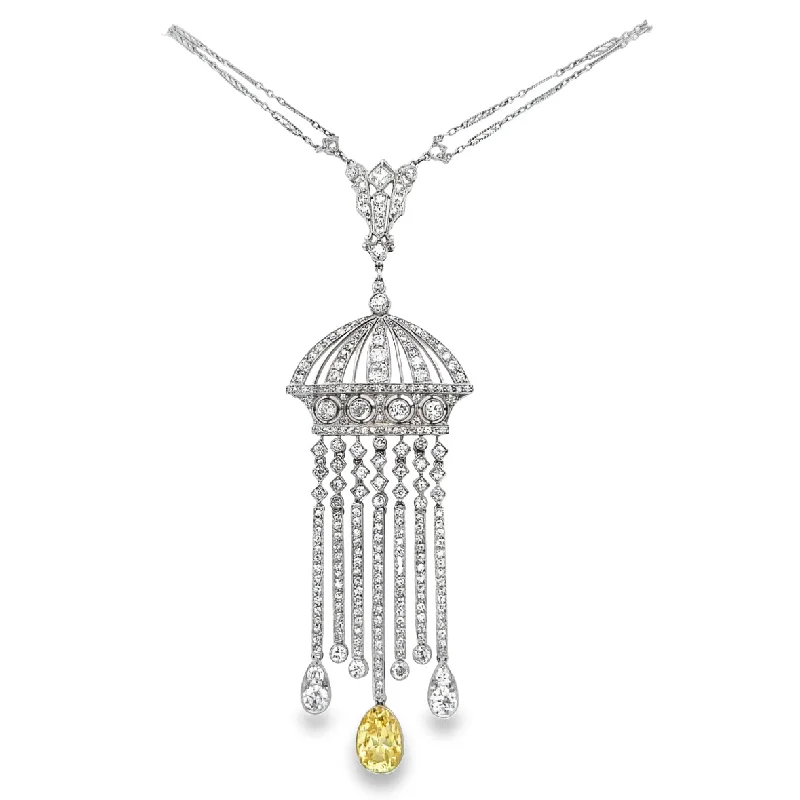 Custom Gold Charm Necklace-Stunning Edwardian White and Yellow Diamond Necklace in Platinum