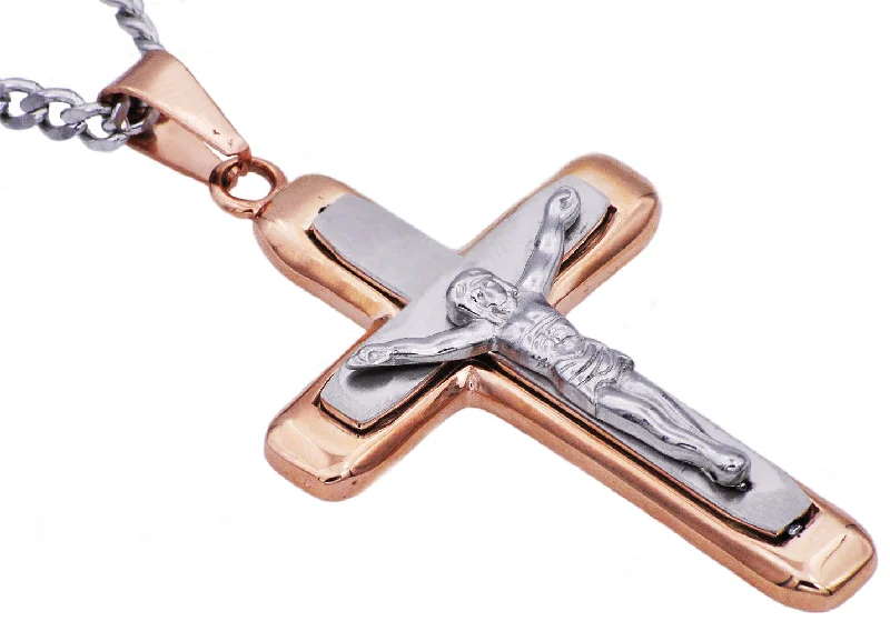 Gold Twist Necklace-Mens Two Tone Rose Stainless Steel Crucifix Pendant Necklace