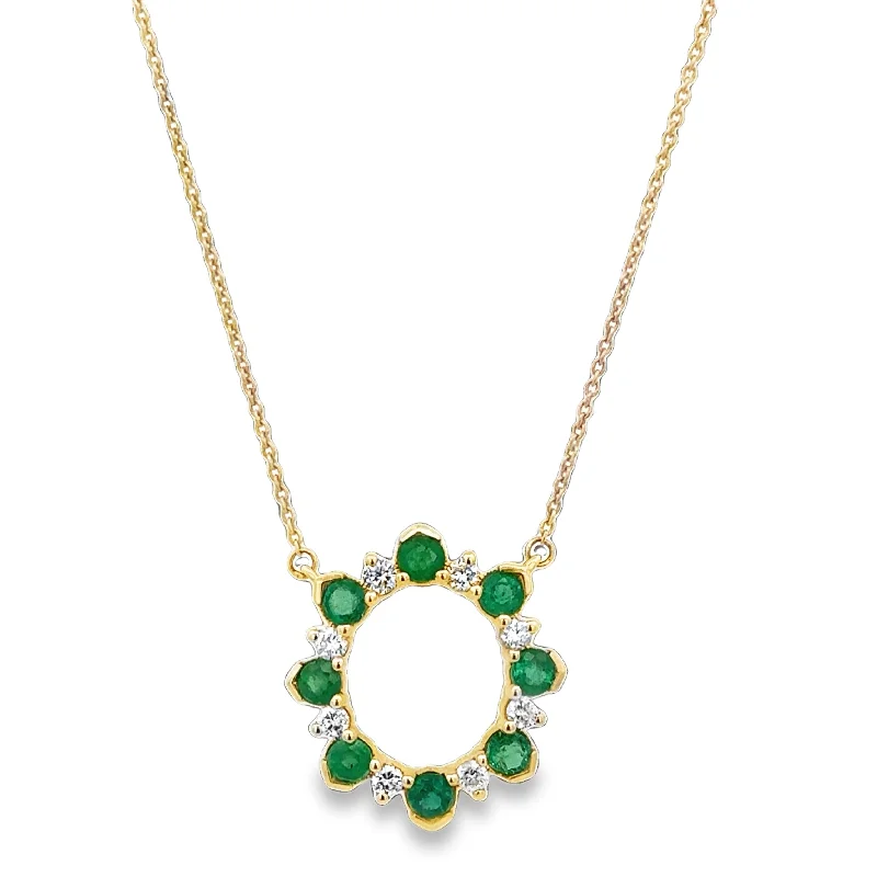 Choker Necklace for Women-Emerald and Diamond Circle Necklace in Yellow Gold