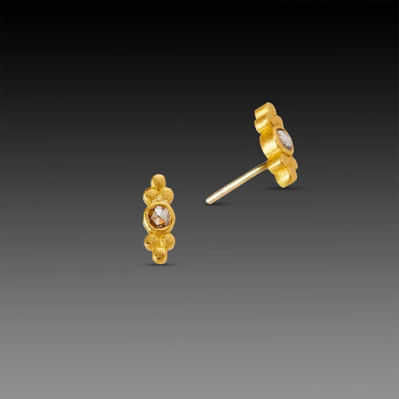 Clear Crystal Earrings-Rose Cut Diamond Studs with Gold Trios