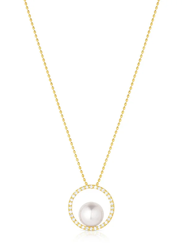 Elegant Crystal Pendant Necklace-18K Yellow Gold 7.5-8mm Cultured Akoya Pearl & Diamond Open Circle Necklace