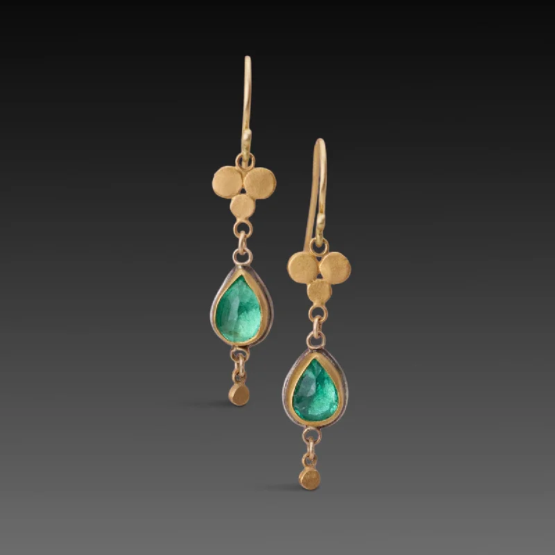 Statement Silver Earrings-Emerald Teardrop Earrings with Gold Trios