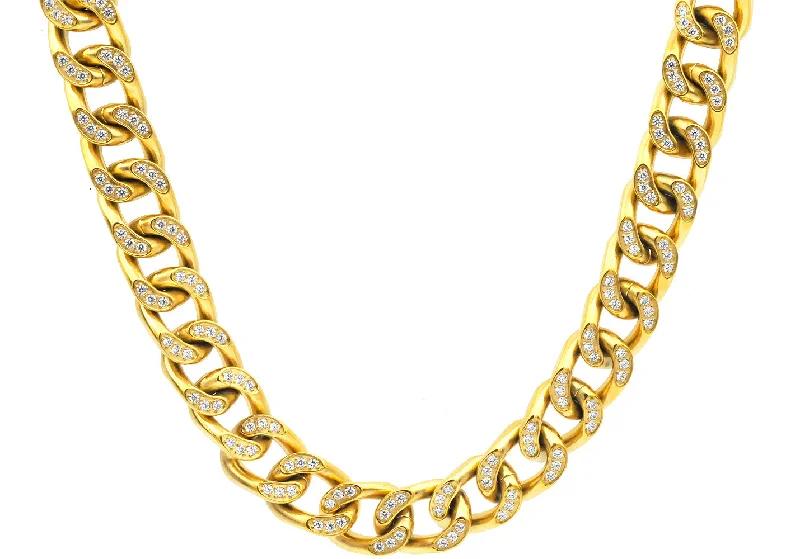 Sparkling Silver Necklace-Mens Gold Stainless Steel Curb Link Chain Necklace With Cubic Zirconia