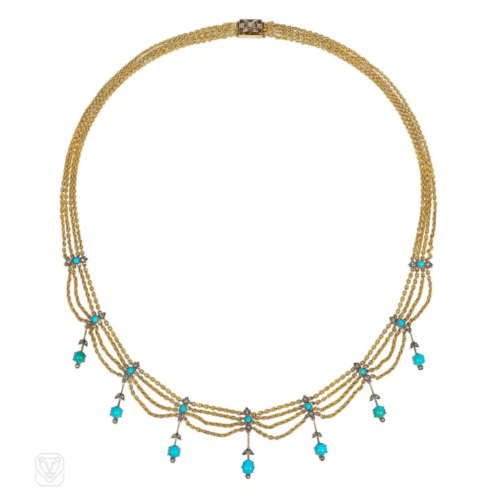 Modern Gold Necklace-Antique gold, turquoise and diamond festoon necklace