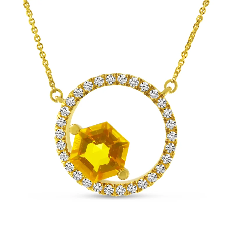 Multi-Color Necklace-14K Yellow Gold 1.05ctw Hexagon Citrine & Diamond Circle Necklace