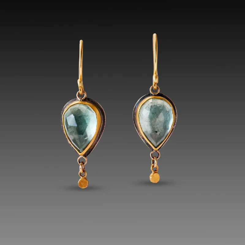 Simple Diamond Earrings-Moss Aquamarine Earrings with Gold Drops