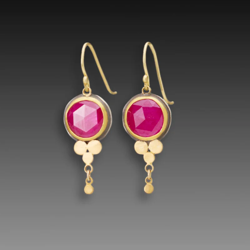 Large Bead Earrings-Round Ruby Earrings with Gold Trios