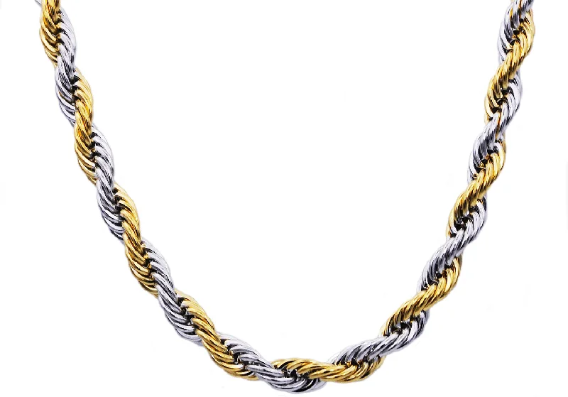 Custom Silver Bar Necklace-Mens Two tone Gold Stainless Steel Rope Chain Necklace