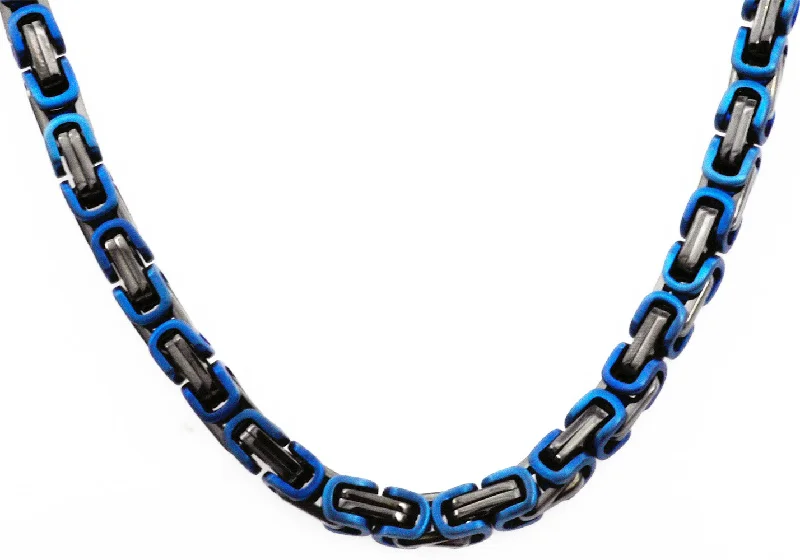 Fashionable Pendant Necklace-Mens Black And Blue Stainless Steel Byzantine Link Chain Necklace