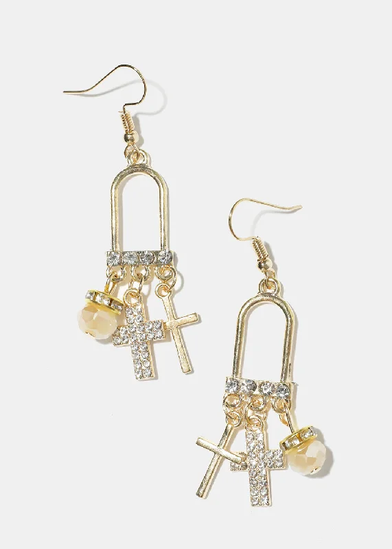 Gold Bead Earrings-Dangle Cross Earrings