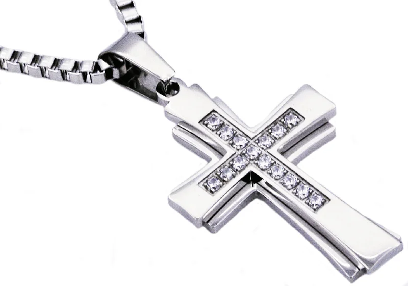 Colorful Gemstone Necklace-Mens Stainless Steel Cross Pendant Necklace With Cubic Zirconia