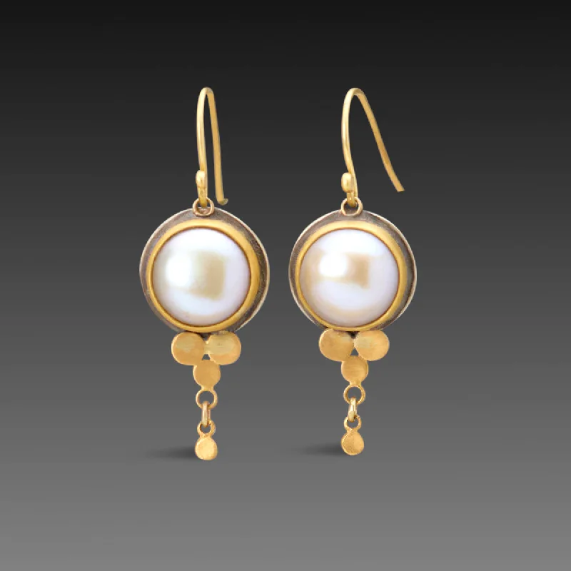 Cute Drop Earrings-Pearl Drop Earrings with Gold Trios