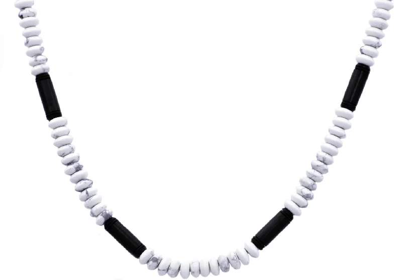 Stylish Beaded Necklace-Mens Genunine Howlite Black Plated Stainless Steel Disk Link Chain Necklace