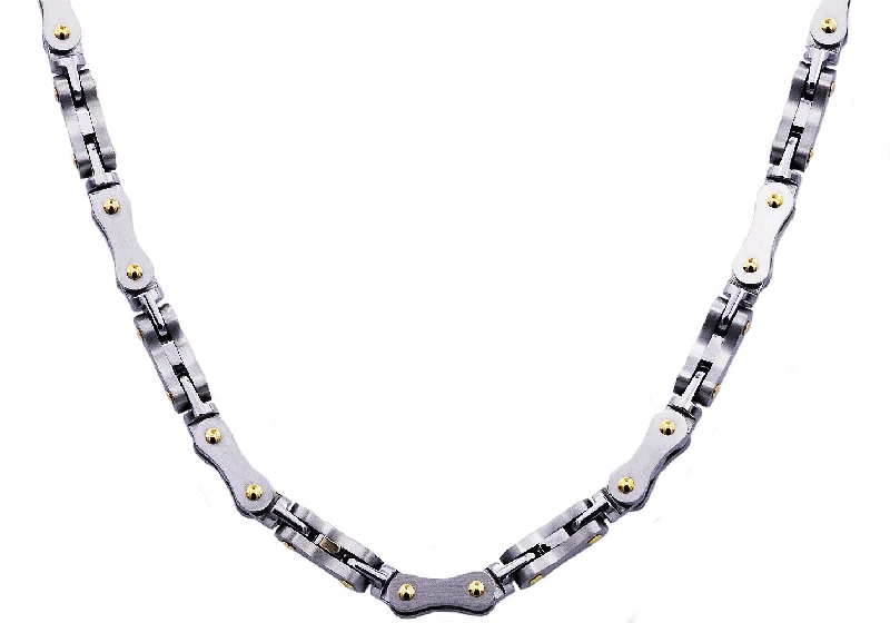 Layered Silver Necklace-Mens Stainless Steel Link Chain Necklace With Gold Screws